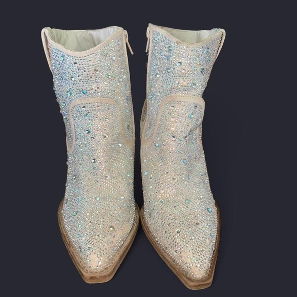 RHINESTONE SILVER WHITE ANKE COWBOY BOOTS BLING SPARKLING LADIES 8.5 - Picture 2 of 8